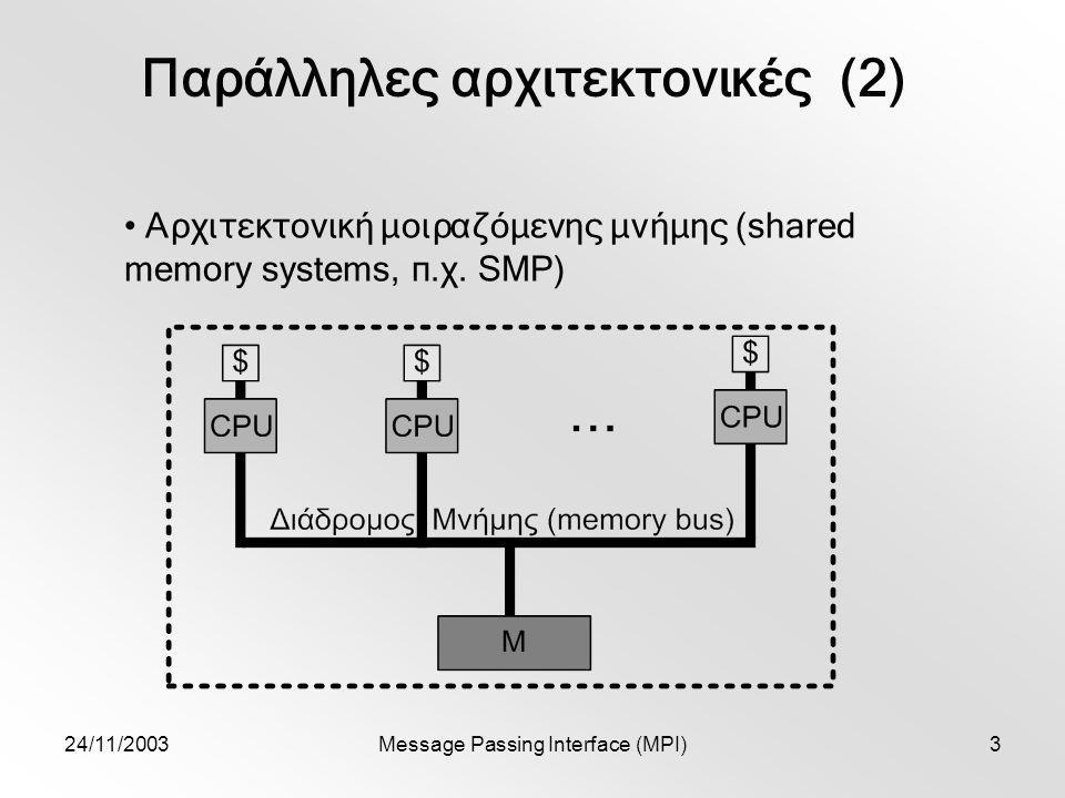 24/11/2003Message Passing Interface (MPI)3 Παράλληλες αρχιτεκτονικές (2) Αρχιτεκτονική μοιραζόμενης μνήμης (shared memory systems, π.χ.