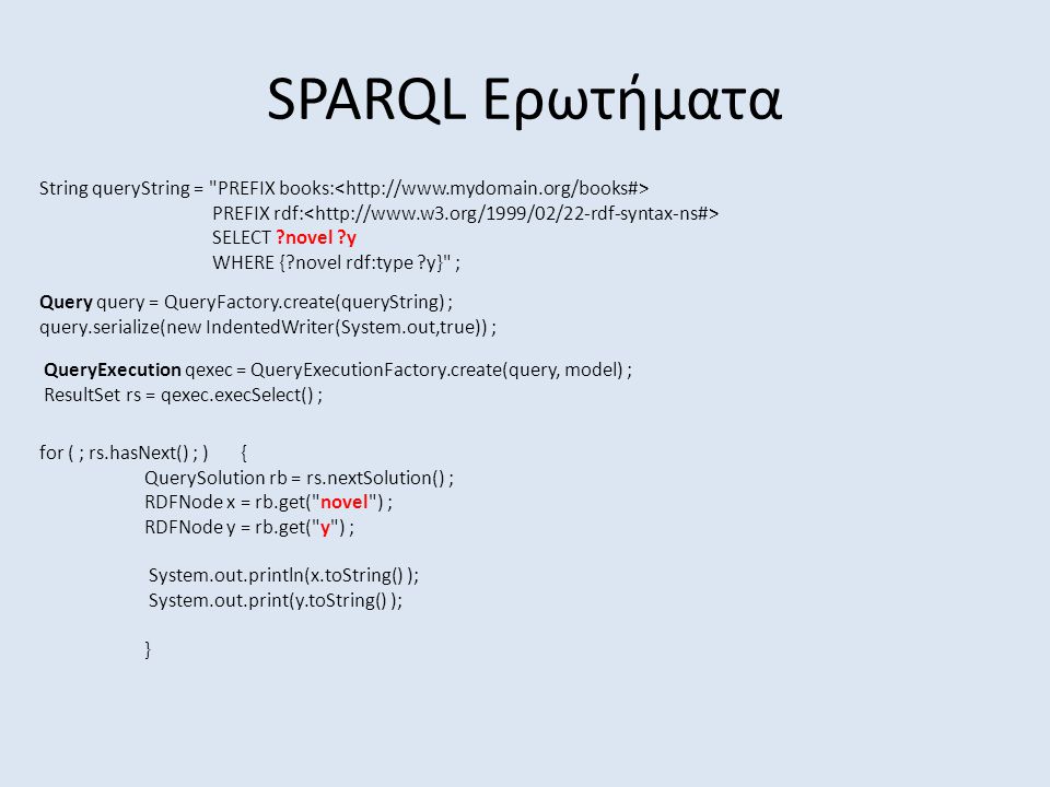 SPARQL Ερωτήματα String queryString = PREFIX books: PREFIX rdf: SELECT novel y WHERE { novel rdf:type y} ; Query query = QueryFactory.create(queryString) ; query.serialize(new IndentedWriter(System.out,true)) ; QueryExecution qexec = QueryExecutionFactory.create(query, model) ; ResultSet rs = qexec.execSelect() ; for ( ; rs.hasNext() ; ) { QuerySolution rb = rs.nextSolution() ; RDFNode x = rb.get( novel ) ; RDFNode y = rb.get( y ) ; System.out.println(x.toString() ); System.out.print(y.toString() ); }