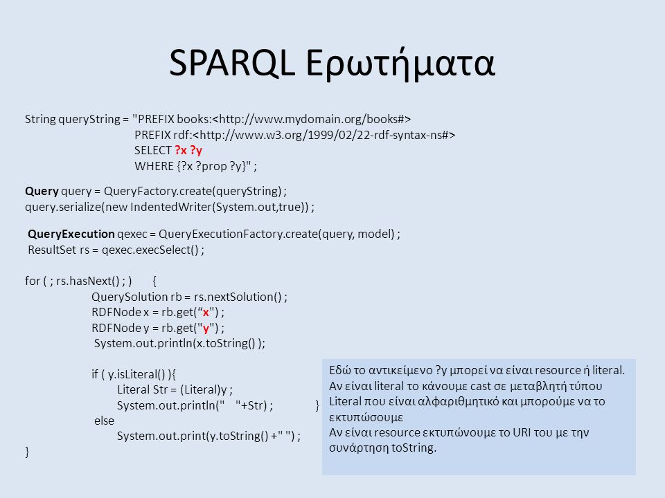 SPARQL Ερωτήματα String queryString = PREFIX books: PREFIX rdf: SELECT x y WHERE { x prop y} ; Query query = QueryFactory.create(queryString) ; query.serialize(new IndentedWriter(System.out,true)) ; QueryExecution qexec = QueryExecutionFactory.create(query, model) ; ResultSet rs = qexec.execSelect() ; for ( ; rs.hasNext() ; ) { QuerySolution rb = rs.nextSolution() ; RDFNode x = rb.get( x ) ; RDFNode y = rb.get( y ) ; System.out.println(x.toString() ); if ( y.isLiteral() ){ Literal Str = (Literal)y ; System.out.println( +Str) ; } else System.out.print(y.toString() + ) ; } Εδώ το αντικείμενο y μπορεί να είναι resource ή literal.