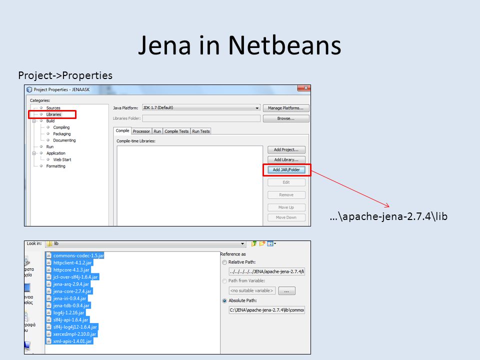 Project->Properties …\apache-jena-2.7.4\lib Jena in Netbeans