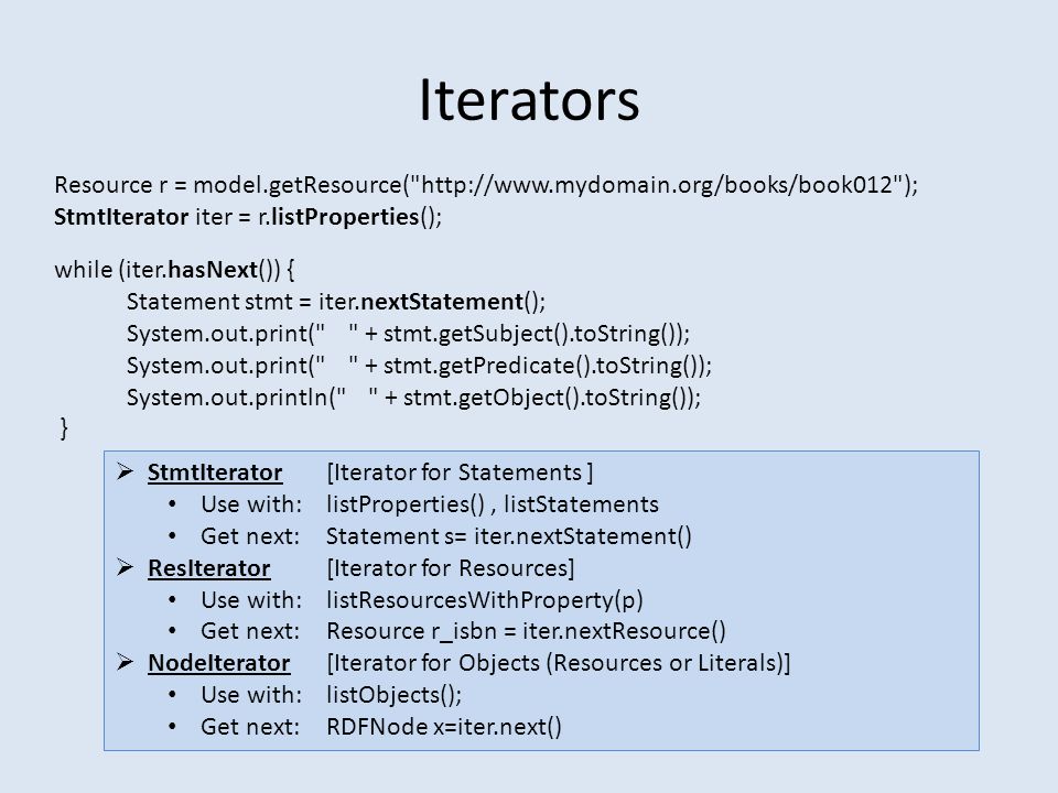Iterators Resource r = model.getResource(   ); StmtIterator iter = r.listProperties(); while (iter.hasNext()) { Statement stmt = iter.nextStatement(); System.out.print( + stmt.getSubject().toString()); System.out.print( + stmt.getPredicate().toString()); System.out.println( + stmt.getObject().toString()); }  StmtIterator[Iterator for Statements ] Use with:listProperties(), listStatements Get next:Statement s= iter.nextStatement()  ResIterator[Iterator for Resources] Use with:listResourcesWithProperty(p) Get next:Resource r_isbn = iter.nextResource()  NodeIterator[Iterator for Objects (Resources or Literals)] Use with:listObjects(); Get next:RDFNode x=iter.next()