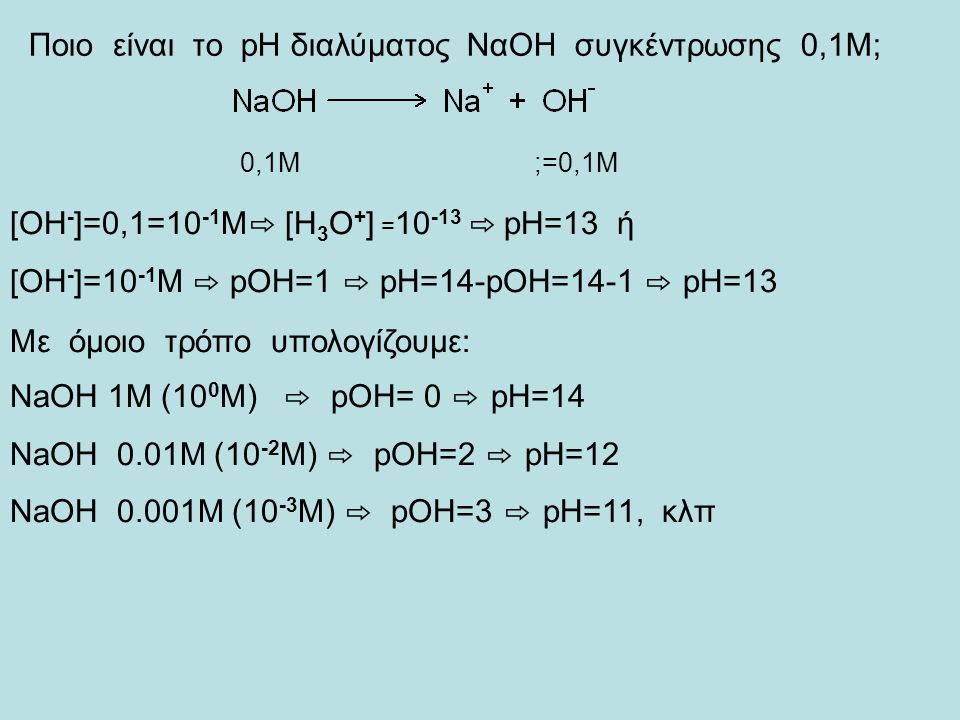 Υπολογισμός pH σε διαλύματα ισχυρών οξέων/βάσεων Ποιο είναι το pH διαλύματος HCl συγκέντρωσης 0,1Μ; 0,1 Μ ;=0,1Μ pH= -log0.1=-log10 -1 = -(-1) ⇨ pH= 1.