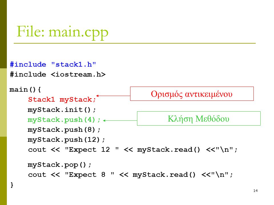 14 File: main.cpp #include stack1.h #include main(){ Stack1 myStack; myStack.init(); myStack.push(4); myStack.push(8); myStack.push(12); cout << Expect 12 << myStack.read() << \n ; myStack.pop(); cout << Expect 8 << myStack.read() << \n ; } Ορισμός αντικειμένουΚλήση Μεθόδου