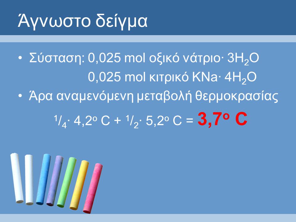 Άγνωστο δείγμα Σύσταση: 0,025 mol οξικό νάτριο· 3Η 2 Ο 0,025 mol κιτρικό ΚNa· 4Η 2 Ο Άρα αναμενόμενη μεταβολή θερμοκρασίας 1 / 4 · 4,2 ο C + 1 / 2 · 5,2 ο C = 3,7 ο C
