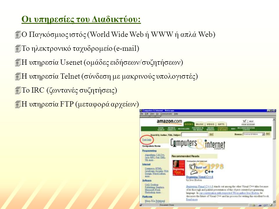 Οι υπηρεσίες του Διαδικτύου: 4Ο Παγκόσμιος ιστός (World Wide Web ή WWW ή απλά Web) 4Το ηλεκτρονικό ταχυδρομείο ( ) 4Η υπηρεσία Usenet (ομάδες ειδήσεων/συζητήσεων) 4Η υπηρεσία Telnet (σύνδεση με μακρινούς υπολογιστές) 4Το IRC (ζωντανές συζητήσεις) 4Η υπηρεσία FTP (μεταφορά αρχείων)