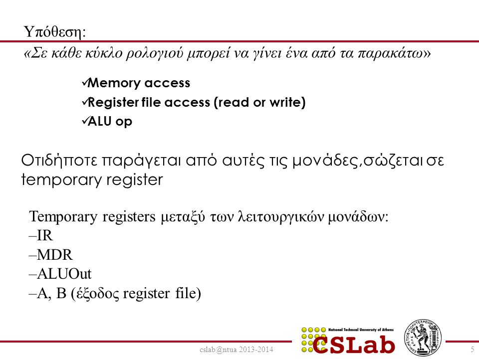 Υπόθεση: «Σε κάθε κύκλο ρολογιού μπορεί να γίνει ένα από τα παρακάτω» Memory access Register file access (read or write) ALU op Οτιδήποτε παράγεται από αυτές τις μονάδες,σώζεται σε temporary register Temporary registers μεταξύ των λειτουργικών μονάδων: –IR –MDR –ALUOut –A, B (έξοδος register file)