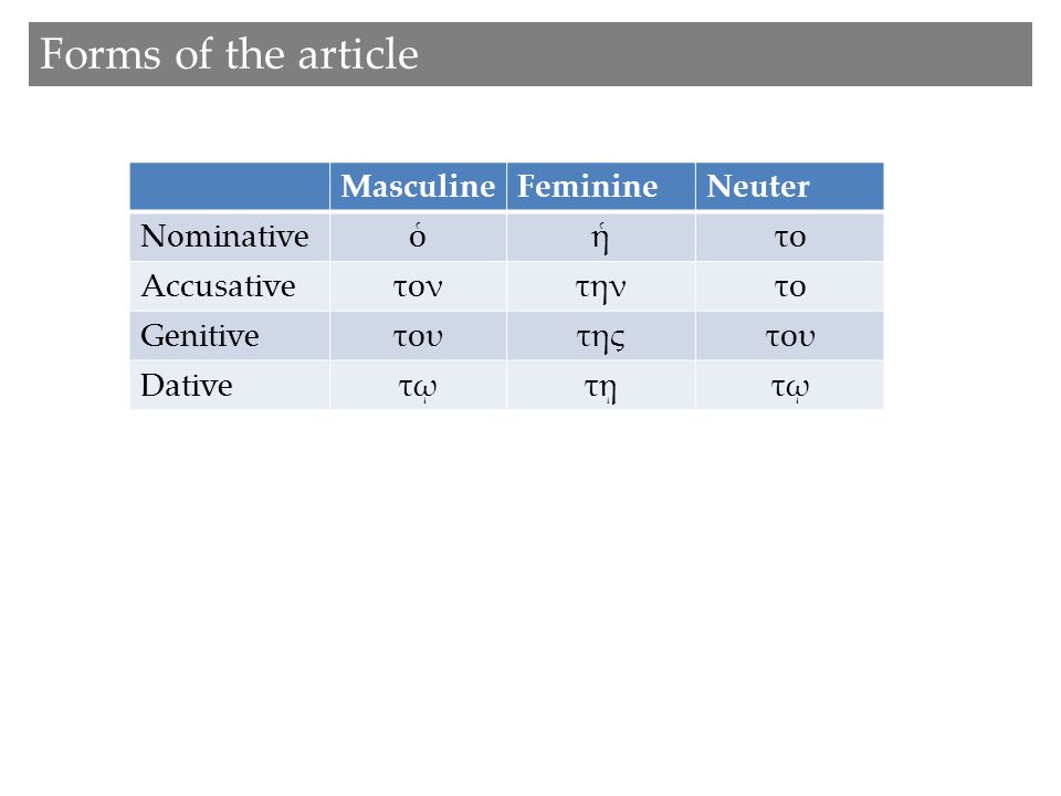 Forms of the article MasculineFeminineNeuter Nominativeὁἡτο Accusativeτοντηντο Genitiveτουτηςτου Dativeτῳτῃτῳ
