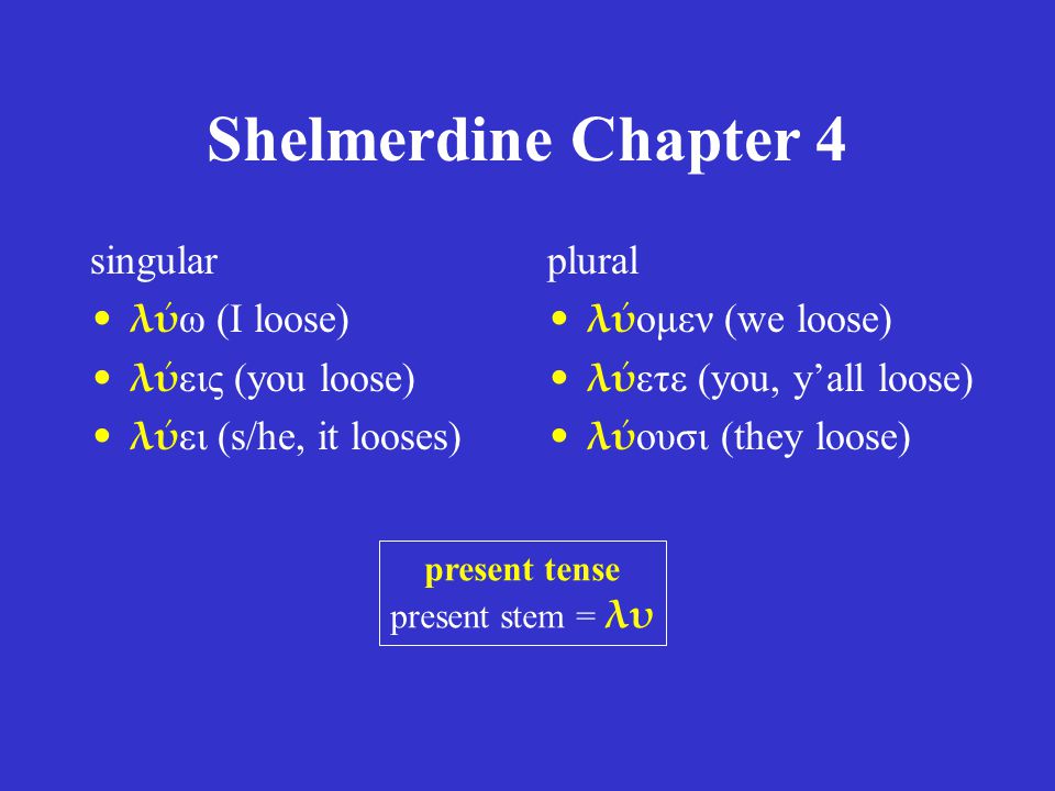 Shelmerdine Chapter 4 singular λύ ω (I loose) λύ εις (you loose) λύ ει (s/he, it looses) plural λύ ομεν (we loose) λύ ετε (you, y’all loose) λύ ουσι (they loose) present tense present stem = λυ
