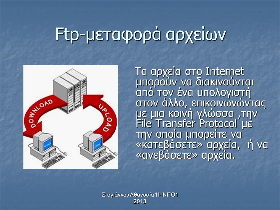 Στογιάννου Αθανασία 1Ι-ΙΝΠΟ Ftp-μεταφορά αρχείων Τα αρχεία στο Internet μπορούν να διακινούνται από τον ένα υπολογιστή στον άλλο, επικοινωνώντας με μια κοινή γλώσσα,την File Transfer Protocol με την οποία μπορείτε να «κατεβάσετε» αρχεία, ή να «ανεβάσετε» αρχεία.