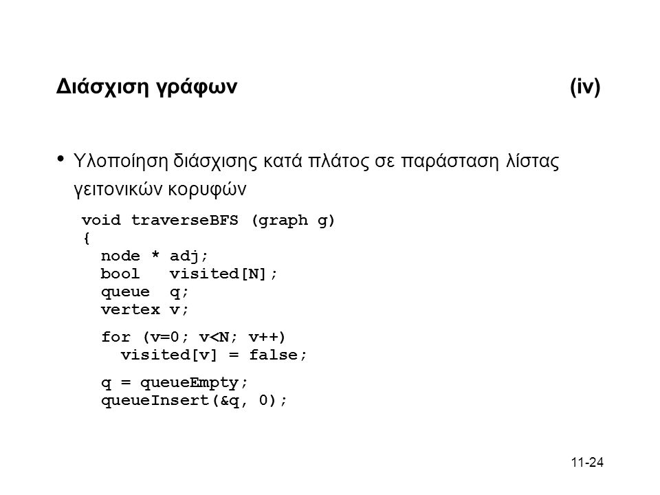 11-24 Διάσχιση γράφων(iv) Υλοποίηση διάσχισης κατά πλάτος σε παράσταση λίστας γειτονικών κορυφών void traverseBFS (graph g) { node * adj; bool visited[N]; queue q; vertex v; for (v=0; v<N; v++) visited[v] = false; q = queueEmpty; queueInsert(&q, 0);