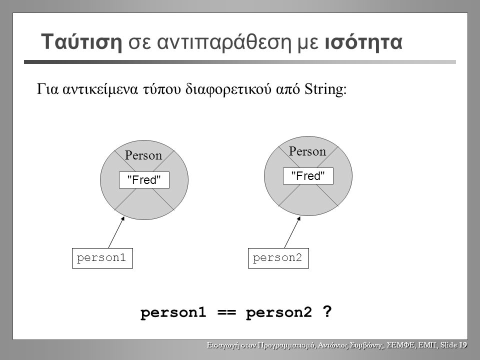 Εισαγωγή στον Προγραμματισμό, Αντώνιος Συμβώνης, ΣΕΜΦΕ, ΕΜΠ, Slide 18 Ταύτιση σε αντιπαράθεση με ισότητα Για αντικείμενα τύπου διαφορετικού από String: person1 == person2 .