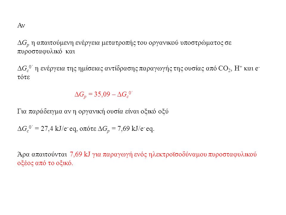 Αν ΔG p η απαιτούμενη ενέργεια μετατροπής του οργανικού υποστρώματος σε πυροσταφυλικό και ΔG c 0΄ η ενέργεια της ημίσειας αντίδρασης παραγωγής της ουσίας από CO 2, H + και e - τότε ΔG p = 35,09 – ΔG c 0΄ Για παράδειγμα αν η οργανική ουσία είναι οξικό οξύ ΔG c 0΄ = 27,4 kJ/e - eq, οπότε ΔG p = 7,69 kJ/e - eq.