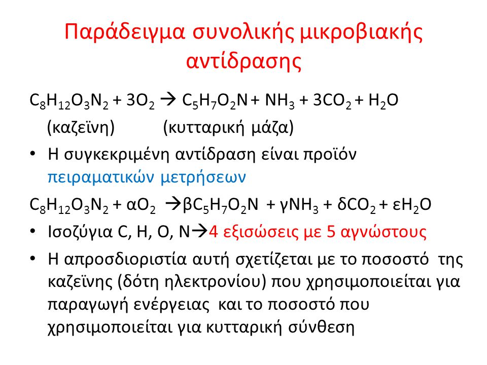 Παράδειγμα συνολικής μικροβιακής αντίδρασης C 8 H 12 O 3 N 2 + 3O 2  C 5 H 7 O 2 N + NH 3 + 3CO 2 + H 2 Ο (καζεϊνη) (κυτταρική μάζα) Η συγκεκριμένη αντίδραση είναι προϊόν πειραματικών μετρήσεων C 8 H 12 O 3 N 2 + αO 2  βC 5 H 7 O 2 N + γNH 3 + δCO 2 + εH 2 Ο Ισοζύγια C, H, O, N  4 εξισώσεις με 5 αγνώστους Η απροσδιοριστία αυτή σχετίζεται με το ποσοστό της καζεϊνης (δότη ηλεκτρονίου) που χρησιμοποιείται για παραγωγή ενέργειας και το ποσοστό που χρησιμοποιείται για κυτταρική σύνθεση