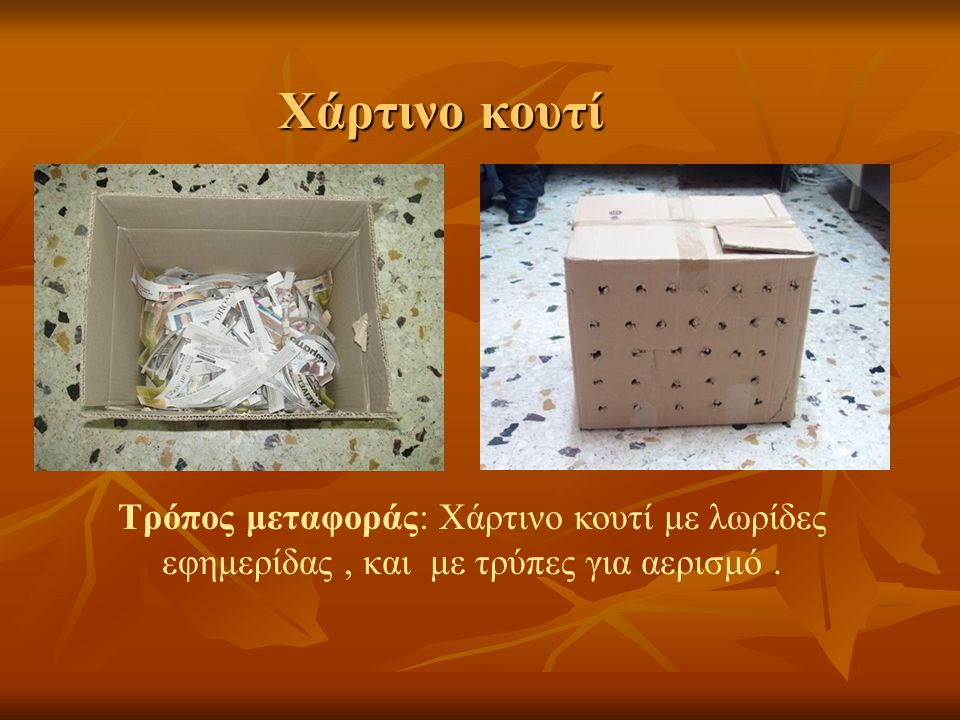 Χάρτινο κουτί Τρόπος μεταφοράς: Χάρτινο κουτί με λωρίδες εφημερίδας, και με τρύπες για αερισμό.