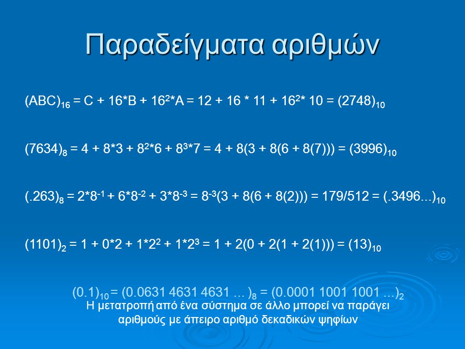 Παραδείγματα αριθμών (ABC) 16 = C + 16*B *A = * * 10 = (2748) 10 (7634) 8 = 4 + 8* * *7 = 4 + 8(3 + 8(6 + 8(7))) = (3996) 10 (.263) 8 = 2* * *8 -3 = 8 -3 (3 + 8(6 + 8(2))) = 179/512 = ( ) 10 (1101) 2 = 1 + 0*2 + 1* *2 3 = 1 + 2(0 + 2(1 + 2(1))) = (13) 10 (0.1) 10 = (