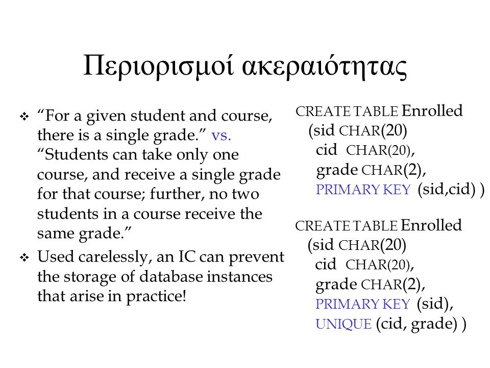 Περιορισμοί ακεραιότητας CREATE TABLE Enrolled (sid CHAR (20) cid CHAR(20), grade CHAR (2), PRIMARY KEY (sid,cid) )  For a given student and course, there is a single grade. vs.