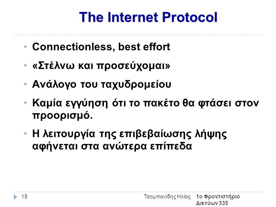 The Internet Protocol 1ο Φροντιστήριο Δικτύων 335 Τσομπανίδης Ηλίας15 Connectionless, best effort «Στέλνω και προσεύχομαι» Aνάλογο του ταχυδρομείου Καμία εγγύηση ότι το πακέτο θα φτάσει στον προορισμό.