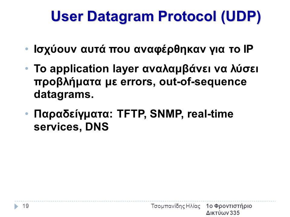 1ο Φροντιστήριο Δικτύων 335 Τσομπανίδης Ηλίας19 User Datagram Protocol (UDP) Ισχύουν αυτά που αναφέρθηκαν για το IP Το application layer αναλαμβάνει να λύσει προβλήματα με errors, out-of-sequence datagrams.