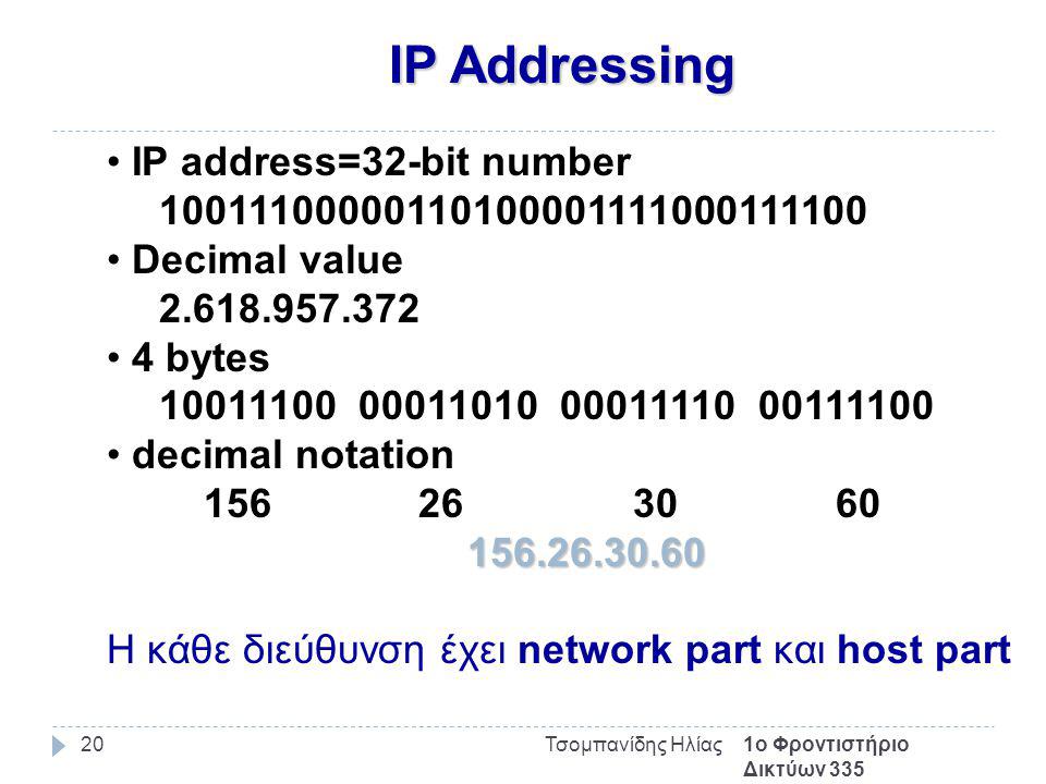 IP Addressing 1ο Φροντιστήριο Δικτύων 335 Τσομπανίδης Ηλίας20 IP address=32-bit number Decimal value bytes decimal notation Η κάθε διεύθυνση έχει network part και host part