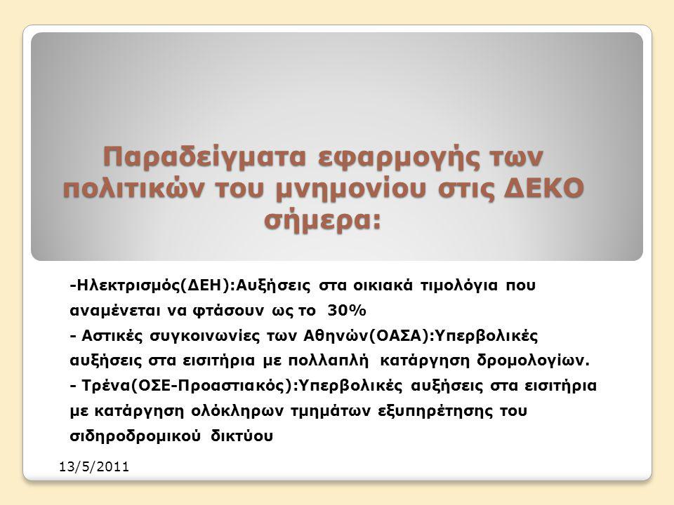 Παραδείγματα εφαρμογής των πολιτικών του μνημονίου στις ΔΕΚΟ σήμερα: -Ηλεκτρισμός(ΔΕΗ):Αυξήσεις στα οικιακά τιμολόγια που αναμένεται να φτάσουν ως το 30% - Αστικές συγκοινωνίες των Αθηνών(ΟΑΣΑ):Υπερβολικές αυξήσεις στα εισιτήρια με πολλαπλή κατάργηση δρομολογίων.
