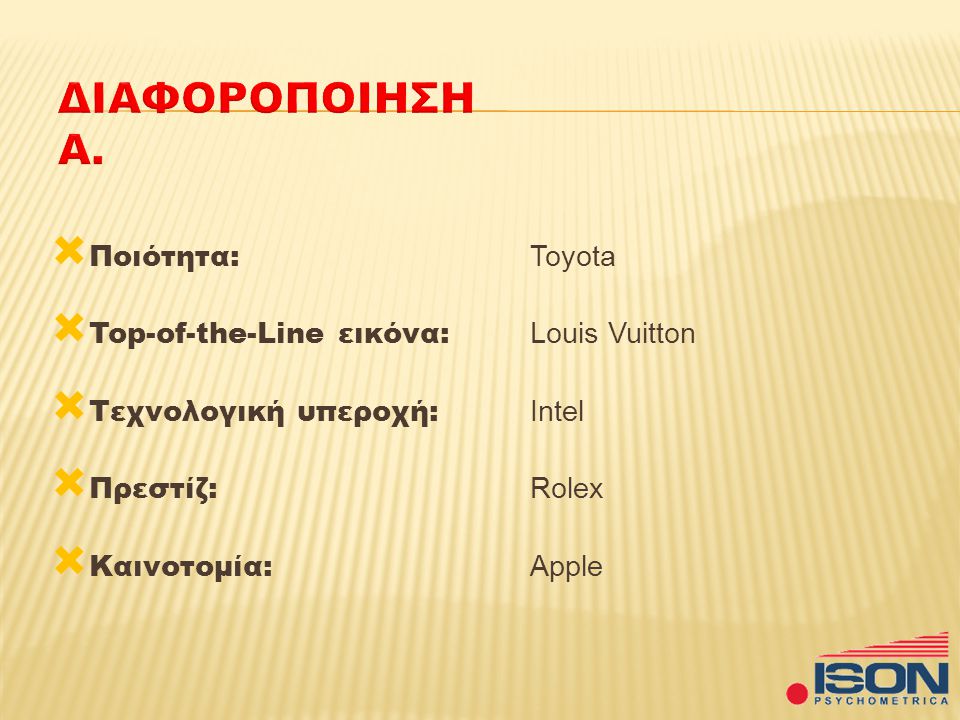  Ποιότητα: Toyota  Top-of-the-Line εικόνα: Louis Vuitton  Τεχνολογική υπεροχή: Intel  Πρεστίζ: Rolex  Καινοτομία: Apple