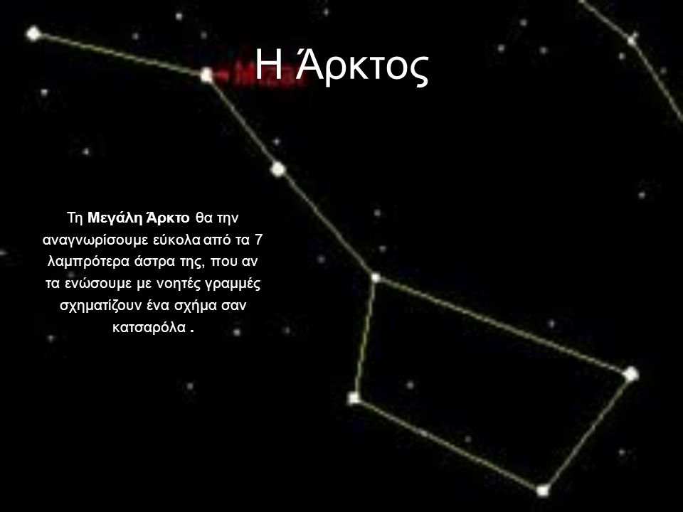 Τη Μεγάλη Άρκτο θα την αναγνωρίσουμε εύκολα από τα 7 λαμπρότερα άστρα της, που αν τα ενώσουμε με νοητές γραμμές σχηματίζουν ένα σχήμα σαν κατσαρόλα.
