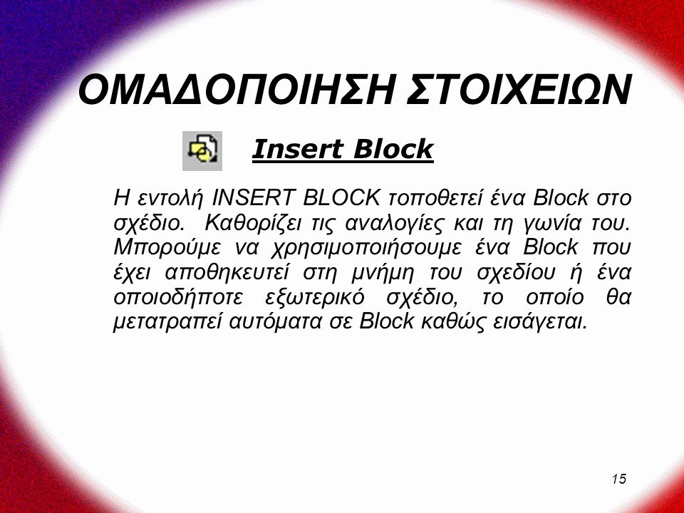 15 ΟΜΑΔΟΠΟΙΗΣΗ ΣΤΟΙΧΕΙΩΝ Η εντολή INSERT BLOCK τοποθετεί ένα Block στο σχέδιο.