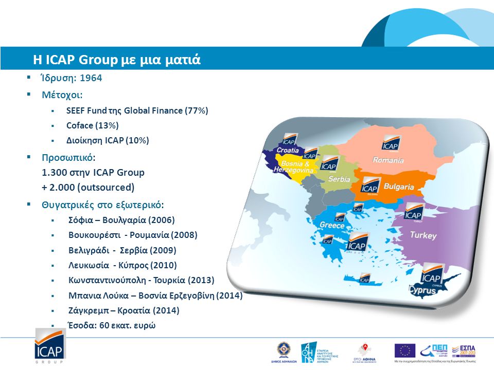 Η ICAP Group με μια ματιά  Ίδρυση: 1964  Μέτοχοι:  SEEF Fund της Global Finance (77%)  Coface (13%)  Διοίκηση ICAP (10%)  Προσωπικό: στην ICAP Group (outsourced)  Θυγατρικές στο εξωτερικό:  Σόφια – Βουλγαρία (2006)  Βουκουρέστι - Ρουμανία (2008)  Βελιγράδι - Σερβία (2009)  Λευκωσία - Κύπρος (2010)  Κωνσταντινούπολη - Τουρκία (2013)  Μπανια Λούκα – Βοσνία Ερζεγοβίνη (2014)  Ζάγκρεμπ – Κροατία (2014)  Έσοδα: 60 εκατ.