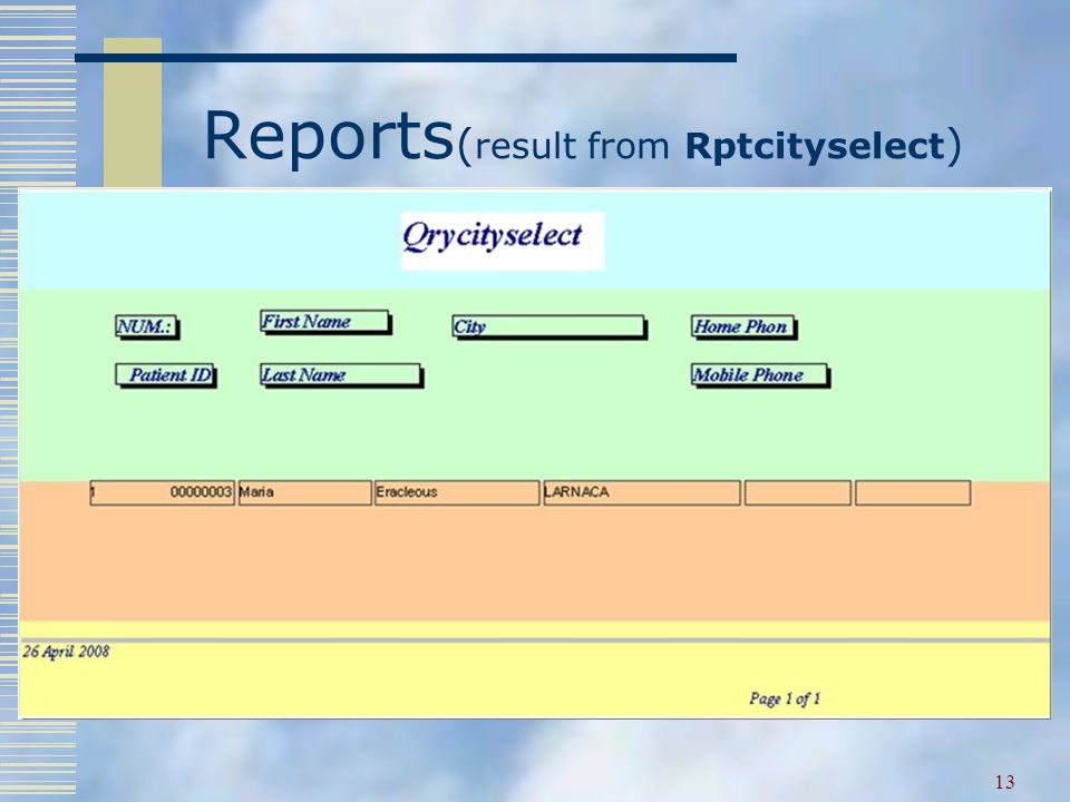 13 Reports ( result from Rptcityselect )