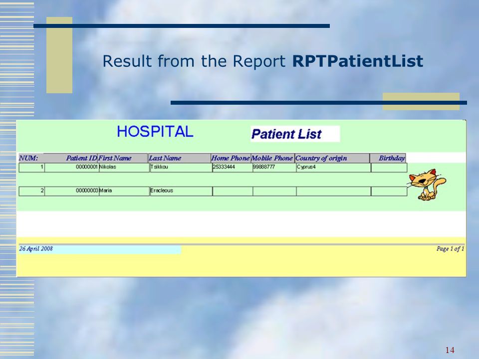 14 Result from the Report RPTPatientList