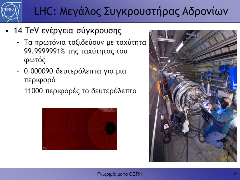 Γνωριμία με το CERN 13 LHC: Μεγάλος Συγκρουστήρας Αδρονίων 14 TeV ενέργεια σύγκρουσης –Τα πρωτόνια ταξιδεύουν με ταχύτητα % της ταχύτητας του φωτός – δευτερόλεπτα για μια περιφορά –11000 περιφορές το δευτερόλεπτο