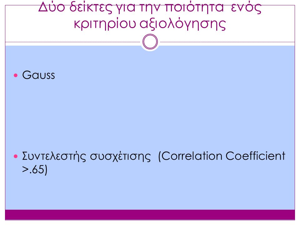Δύο δείκτες για την ποιότητα ενός κριτηρίου αξιολόγησης Gauss Συντελεστής συσχέτισης (Correlation Coefficient >.65)