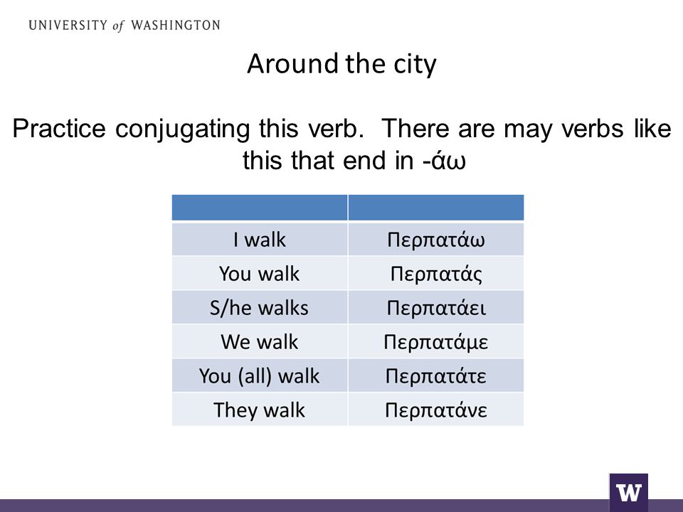 Around the city Practice conjugating this verb. There are may verbs like this that end in -άω