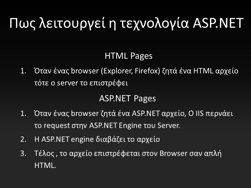 Πως λειτουργεί η τεχνολογία ASP.NET HTML Pages 1.Όταν ένας browser (Explorer, Firefox) ζητά ένα HTML αρχείο τότε ο server το επιστρέφει ASP.NET Pages 1.Όταν ένας browser ζητά ένα ASP.NET αρχείο, Ο IIS περνάει το request στην ASP.NET Engine του Server.