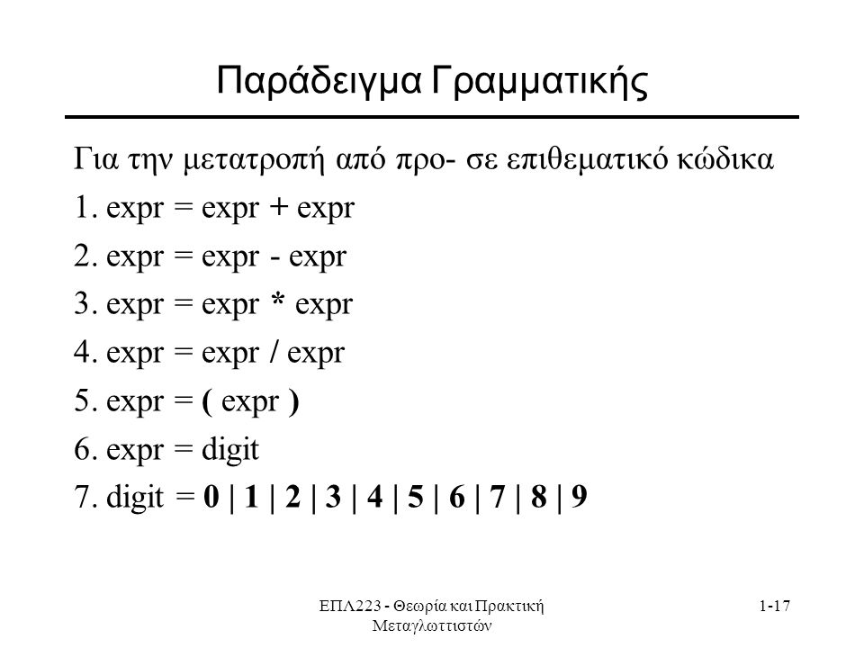 ΕΠΛ223 - Θεωρία και Πρακτική Μεταγλωττιστών 1-17 Παράδειγμα Γραμματικής Για την μετατροπή από προ- σε επιθεματικό κώδικα 1.expr = expr + expr 2.expr = expr - expr 3.expr = expr * expr 4.expr = expr / expr 5.expr = ( expr ) 6.expr = digit 7.digit = 0 | 1 | 2 | 3 | 4 | 5 | 6 | 7 | 8 | 9