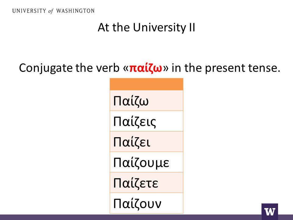 At the University II Conjugate the verb «παίζω» in the present tense.