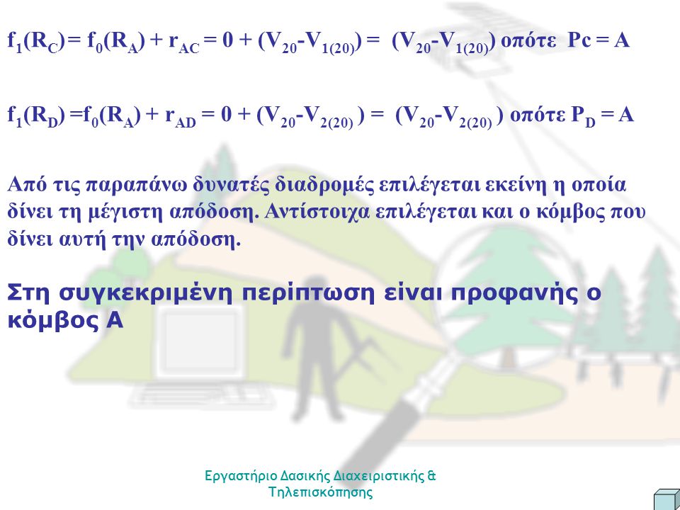 f 1 (R C ) = f 0 (R A ) + r AC = 0 + (V 20 -V 1(20) ) = (V 20 -V 1(20) ) οπότε Pc = A f 1 (R D ) =f 0 (R A ) + r AD = 0 + (V 20 -V 2(20) ) = (V 20 -V 2(20) ) οπότε P D = A Από τις παραπάνω δυνατές διαδρομές επιλέγεται εκείνη η οποία δίνει τη μέγιστη απόδοση.